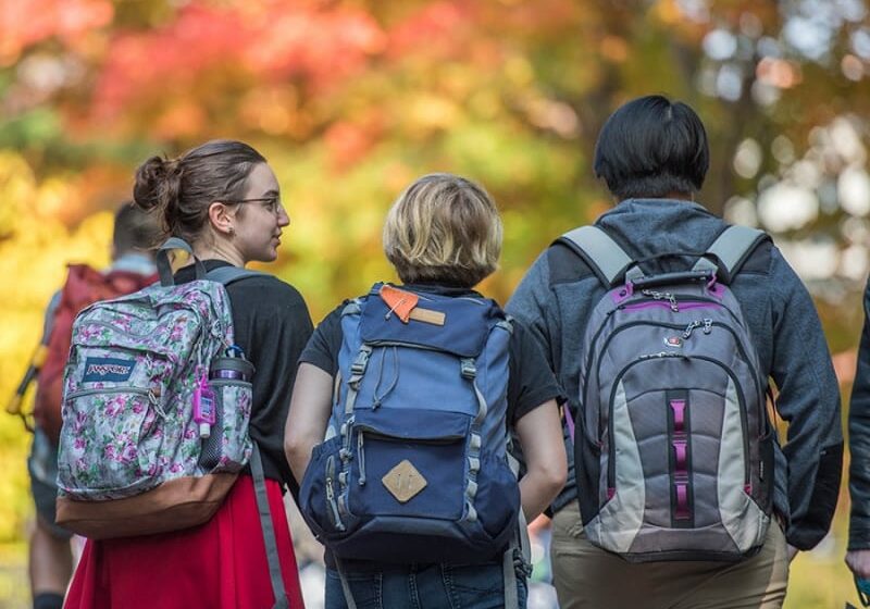 three people wearing backpacks walking away